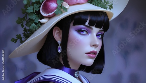 An unearthly porcelain maid, crowned with humble nature's art — a surrealist take on the sacred in the mundane; the odd grace born from the fusion of the fleeting with the eternal, timeless elegance