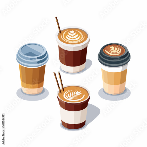 Collection of coffee to-go cups in an isometric 3D vector design. Featuring lattes and cappuccinos.