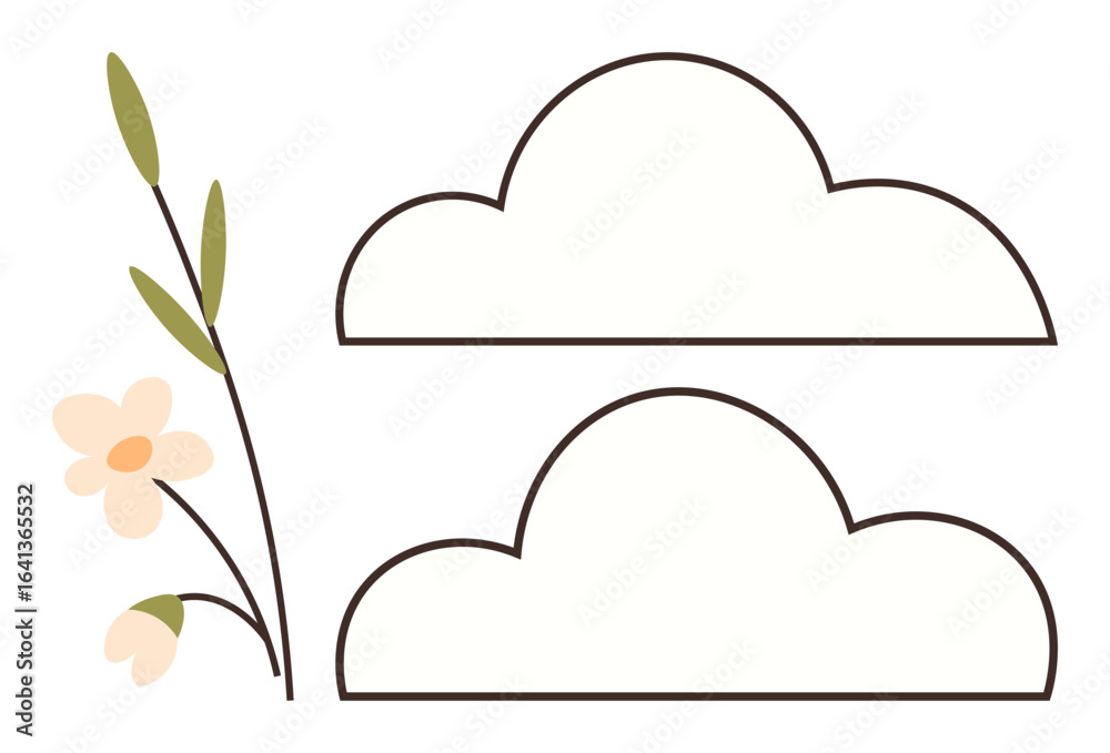Fototapeta premium Two simple cloud shapes outlined in black with a floral branch featuring light flowers and green leaves. Ideal for nature themes, minimalism, botany, weather, relaxation, eco concepts, and organic