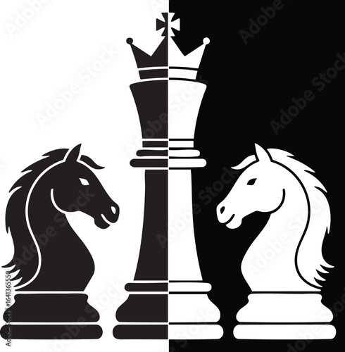 Black and White Chess Pieces Queen Knights Strategy Game