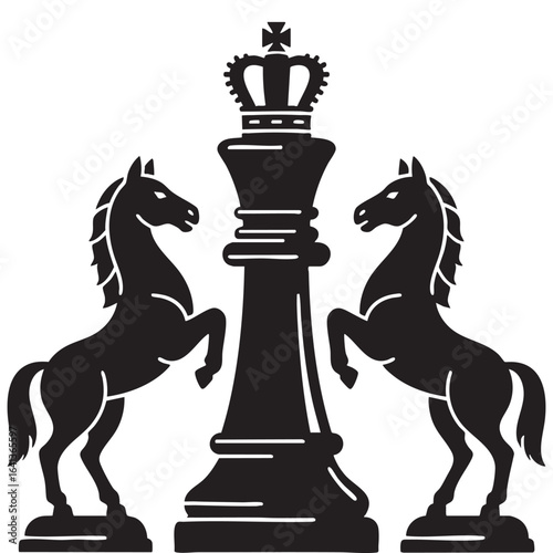Chess Queen Flanked by Knights Black Silhouette