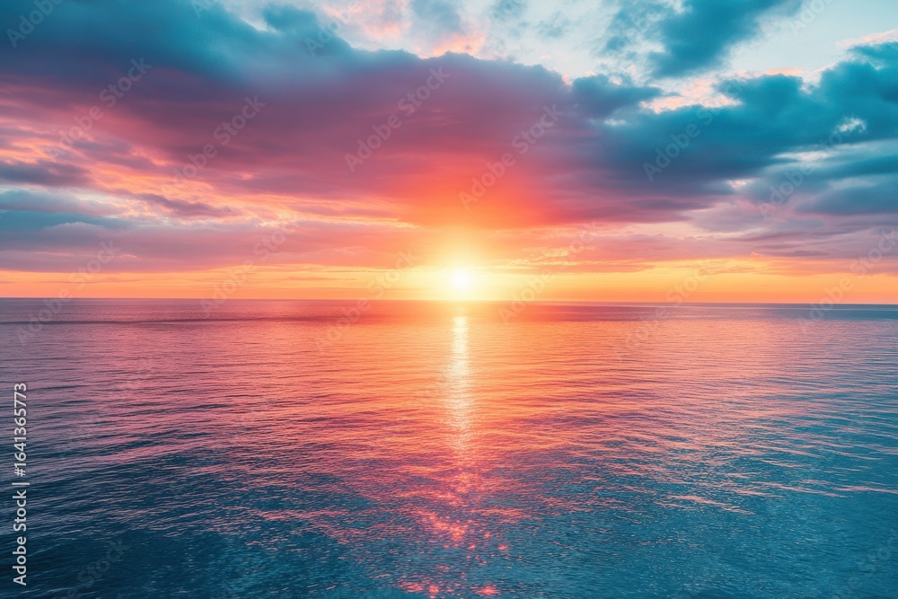 Naklejka premium Vibrant Sunset Over Ocean Wall Art for Home Decor and Relaxing Ambiance