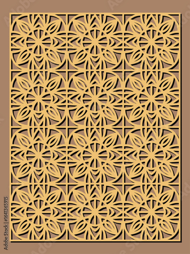 Seamless geometric pattern for laser cutting or cnc routing with intricate floral and star shapes in beige vector