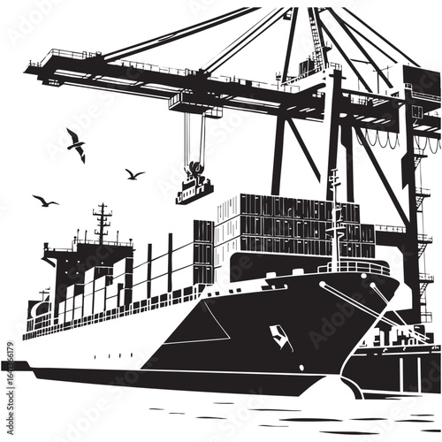 Container Ship at Port with Crane Loading Cargo