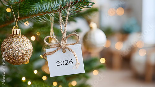 Christmas tree ornament with golden bauble and tag reading 2026, adorned with festive decorations and warm bokeh lights in a cozy indoor setting. Selective focus
