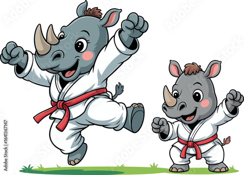 Cartoon rhinoceroses in martial arts uniforms, red belts, joyful expressions, jumping pose, grass background, karate theme, playful animal illustration