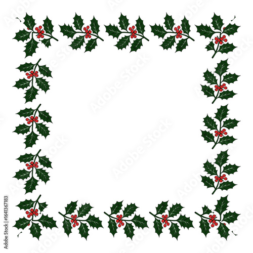 Christmas plant holly berries frame wreath. Winter seasonal decoration plant with green leaves. Xmas and New Year element collection 