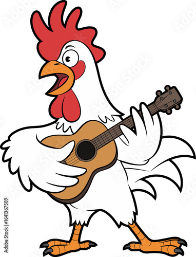 Cartoon rooster playing guitar, musical farm animal with red comb and white feathers, funny anthropomorphic bird, acoustic instrument illustration