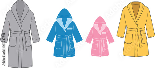 Colorful bathrobes front view vector template, kids and adults, hooded and shawl collar, sleepwear fashion sketch, editable design