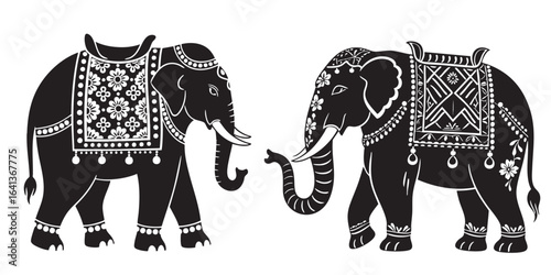 Two Ornate Indian Elephants in Black and White Silhouette