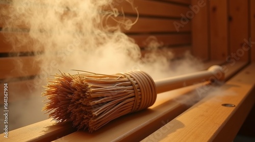 A close-up of a traditional birch bath broom resting on a wooden sauna bench, surrounded by steam and soft warm lighting, natural wood textures enhancing the cozy atmosphere.