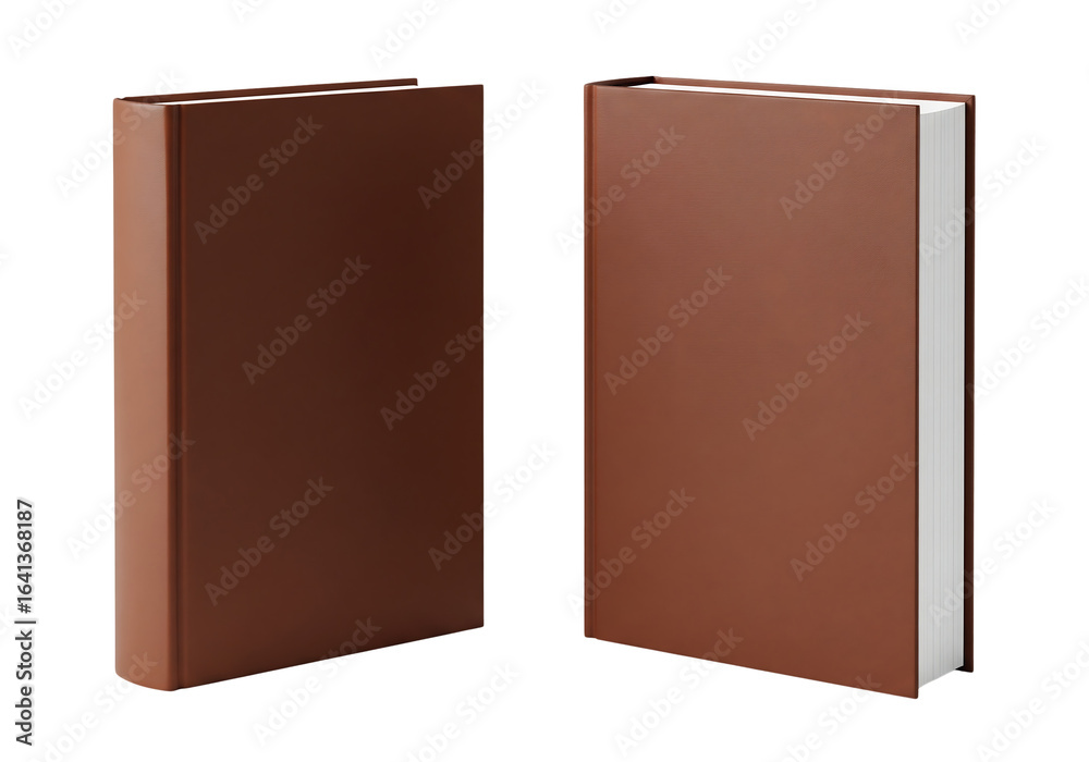 Two brown hardcover books, front and three quarter view, standing upright. Isolated on transparent background, png Two brown hardcover books, front and three quarter view, standing upright. Isolated on transparent background, png