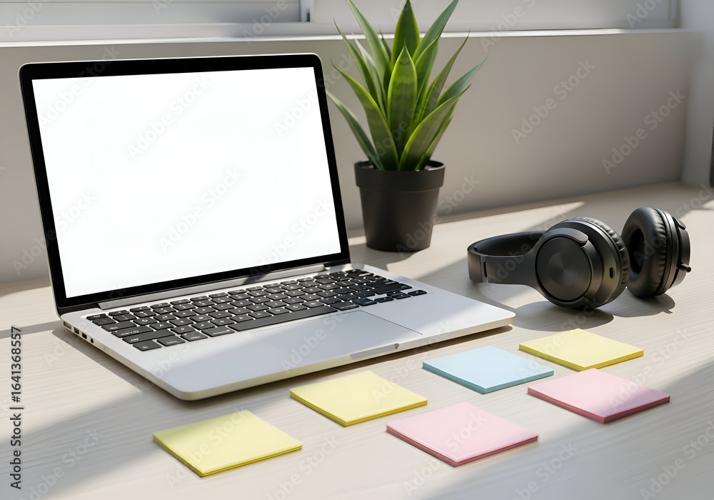 Fototapeta premium Laptop with Blank Screen and Workspace Essentials