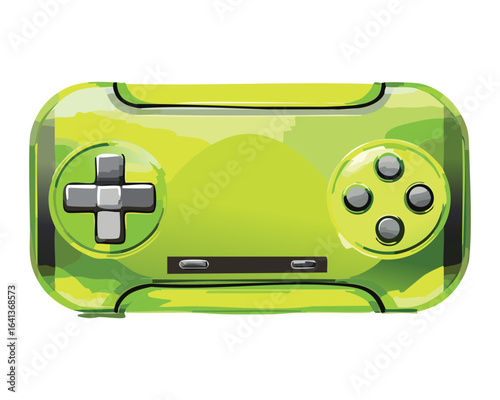 Cartoon-style green and gray video game controller, featuring a shiny texture and a classic button layout for gaming designs