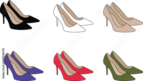 Colorful high heel shoes vector collection, women fashion footwear, stylish elegant pumps illustration, isolated female accessory set for design