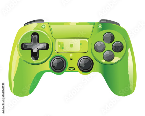 Cartoon-style bright green wireless video game controller, featuring a glossy texture and a classic button layout for modern gaming design