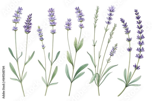Collection of delicate watercolor illustrations of lavender sprigs with green leaves on a white background