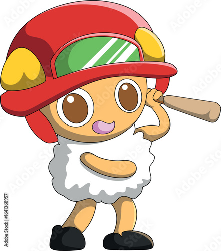 Cartoon sheep character, fluffy white wool, red helmet with yellow ear protectors and green visor, holding baseball bat over shoulder, large round eyes, small pink mouth, standing upright with 
