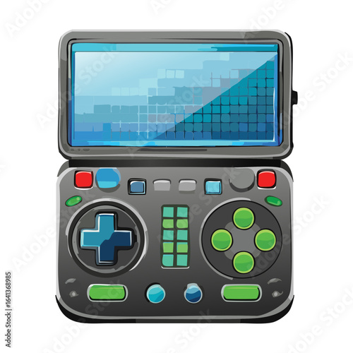 Vintage-style clamshell handheld game console, a detailed illustration with a dual-screen design and a retro pixel art display