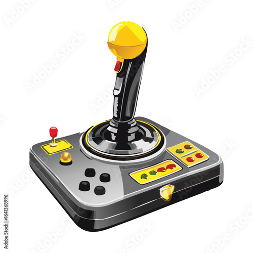 A classic arcade joystick in black with yellow accents on its buttons and base, perfect for recreating the feel of a vintage arcade game