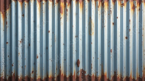 Textured Rusted Corrugated Metal Sheet with Weathered Paint Showing Signs of Age and Decay