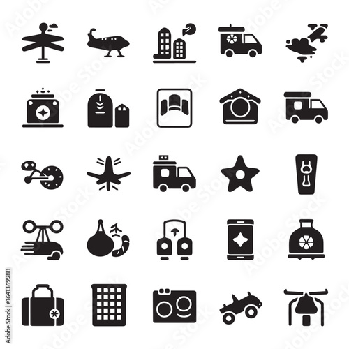 Collection of various glyphs representing travel and miscellaneous objects icon set