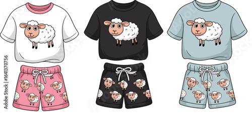 Cute kids pajama set with sheep print, cartoon sleepwear for children, colorful t-shirts and shorts, cozy, fun, bedtime fashion.
