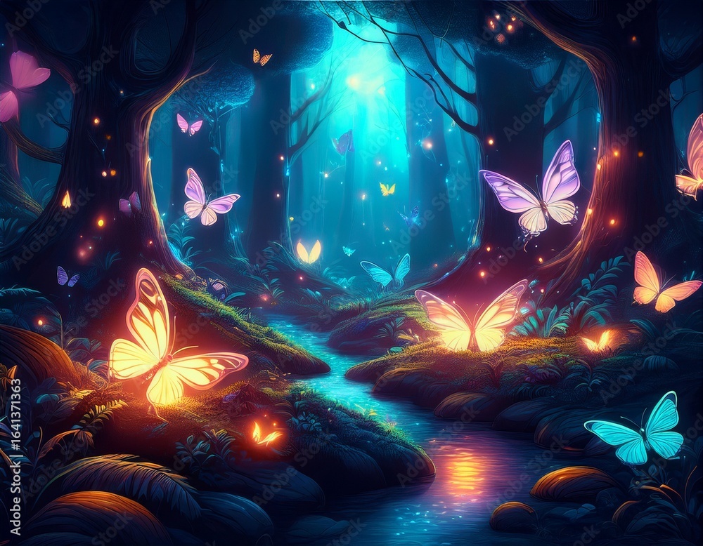 Obraz premium enchanted forest with glowing butterflies