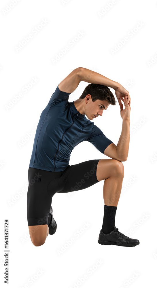 Obraz premium Sports Athletes - Young man in athletic wear stretching with one knee on the ground, fitness training and flexibility exercise, perfect for workout and sports themes