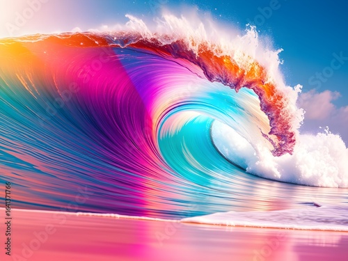 Ultra-HD Colorful Wave Crashing on Serene Beach with Vibrant Turquoise, Pink, Purple, Orange, and Gold – Dreamy Seaside Scene (AI Generated)