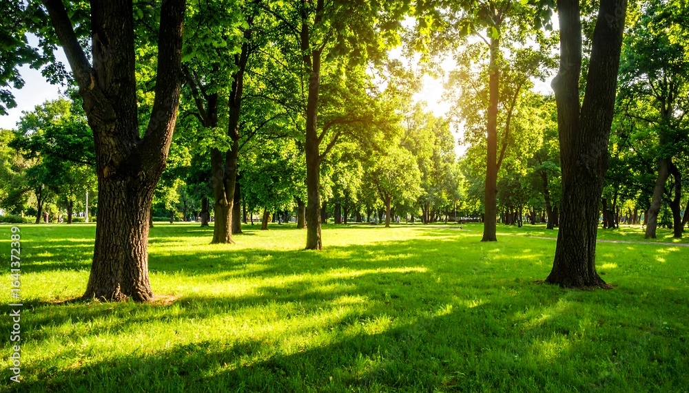 Naklejka premium Sunny park with lush green trees
