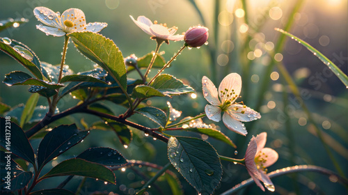 Delicate pale pink blossoms with water droplets glistening in soft golden morning sunlight on a lush green plant