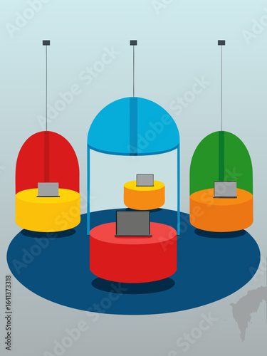 open plan tech hub colorful seating pods