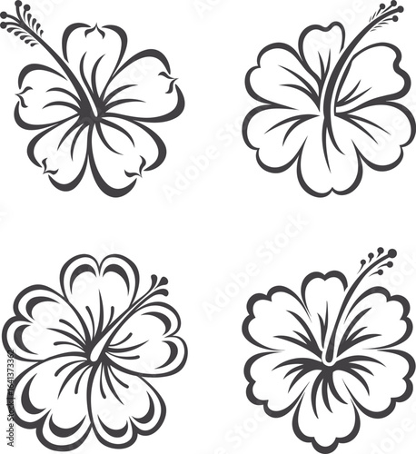 Hand drawn hibiscus flower vector icon illustration, simple black and white line art, minimalist tropical floral symbol, clean decorative design for nature, botanical, and summer projects