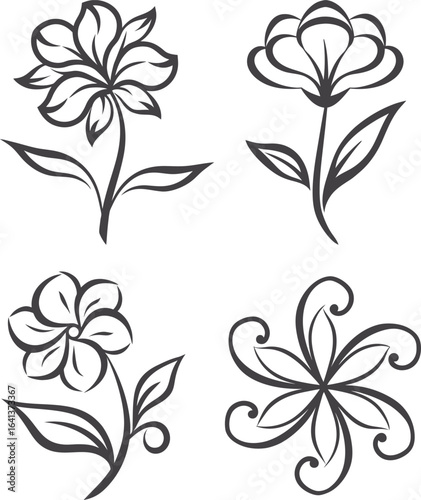 Hand drawn flower vector icon illustration, simple black and white line art, minimalist floral symbol, clean decorative design for nature, botanical, and garden projects