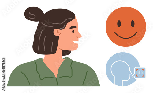 Woman looking sideways with a friendly smile, happy face symbol, and speech element to emphasize positivity, communication, and interpersonal connection. Ideal for communication, emotion
