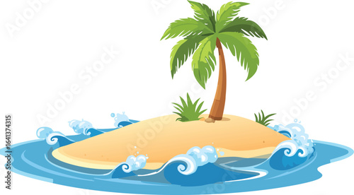 Tropical Island with Palm Tree, Sandy Beach, and Ocean Waves