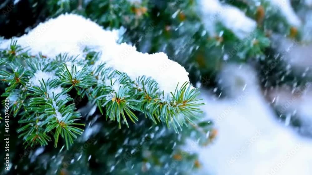 Close-up of snowflakes falling on pine branches Close-up of snowflakes falling on pine branches