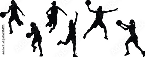 Wallpaper Mural Female basketball player silhouette vector, women playing basketball, sports action poses, black athlete design, fitness, competition, jump and dribble Torontodigital.ca