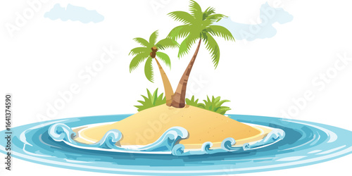 Tropical Island with Palm Tree, Sandy Beach, and Ocean Waves