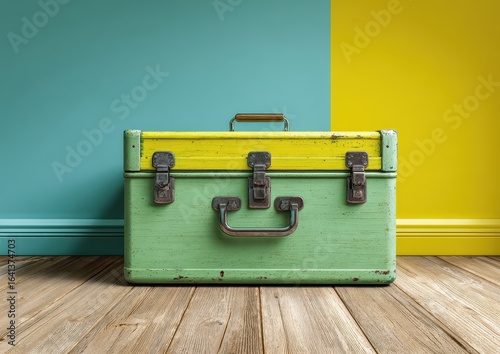 Vintage suitcase on a wooden floor against a teal and yellow wall