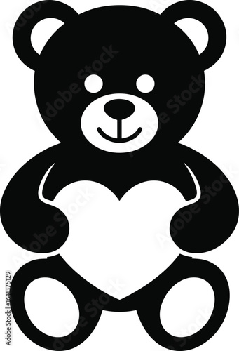 Teddy bear holding heart, black and white illustration, cute plush toy, love symbol, nursery art, Valentine design, affectionate gift, vector graphic, minimal style.