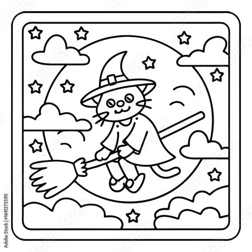 Halloween Vibes Coloring Page – Spooky and Cute Halloween-Themed Printable for Adults and Kids, Haunted House, Pumpkins, Ghosts, and Bats Line Art