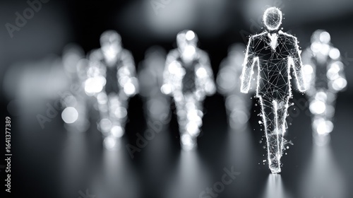 Abstract illustration of multiple stylized business figures, with one figure prominently displayed in the foreground, outlined by glowing lines, suggesting movement and leadership