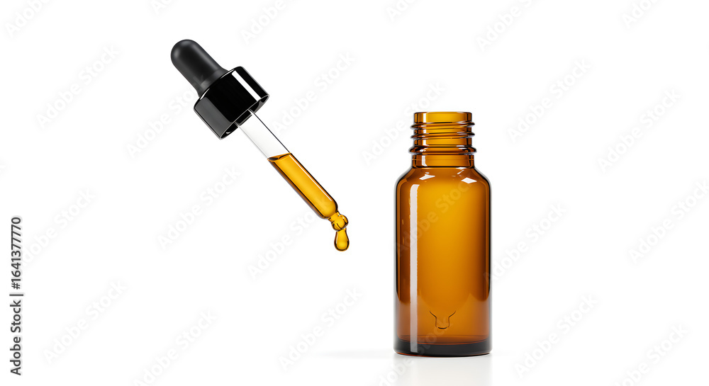 Obraz premium Frasco âmbar com óleo essencial e gota pendente