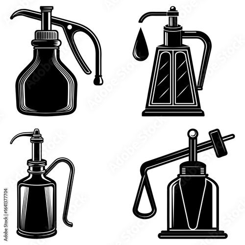 Collection of vintage oil cans in black and white with different designs and pumping mechanisms shown