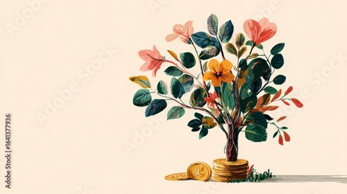 Small coin sprouting into a large colorful tree with bright flowers symbolizing donation growth and sustainability