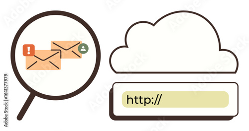 Magnifying glass highlights flagged emails with warning and user icons, next to cloud storage and URL bar. Ideal for cybersecurity, data protection, email monitoring, digital safety, internet