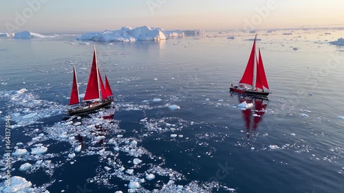 Little red sailboat cruising among floating icebergs in Disko Bay glacier during midnight sun season of polar summer. Ilulissat, Greenland. Global warming and melting glaciers.