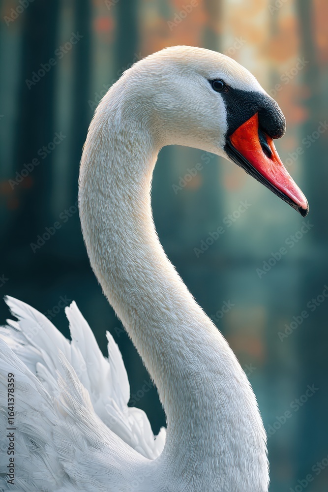 Fototapeta premium Elegant white swan with sunlight illuminating feathers in a serene forest setting